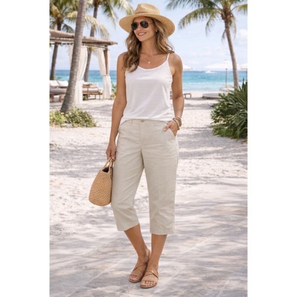Talbots Women's Capri Pant Cream 14P Cotton Side Zip Pleat Casual Spring Summer
